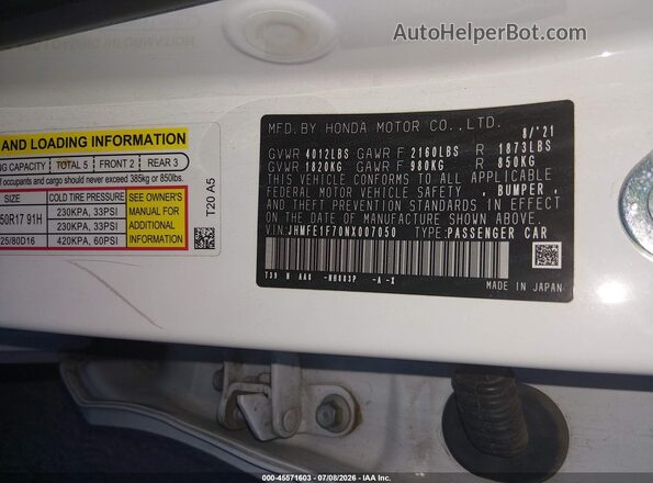 JHMFE1F70NX007050 2022 HONDA CIVIC White Vista del compartimento del motor