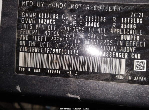 JHMFE1F79NX004812 2022 HONDA CIVIC Gray Вид наклейки з VIN-кодом