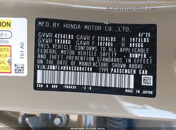 JHMFL4H94SX004749 2025 HONDA CIVIC Brown Вид підкапотного простору