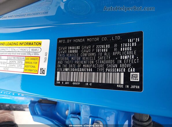 JHMFL5G44SX007906 2025 HONDA CIVIC Blue Vista del compartimento del motor