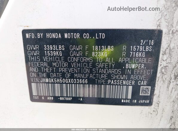 JHMGK5H50GX033666 2016 HONDA FIT White ძრავის განყოფილების ხედი
