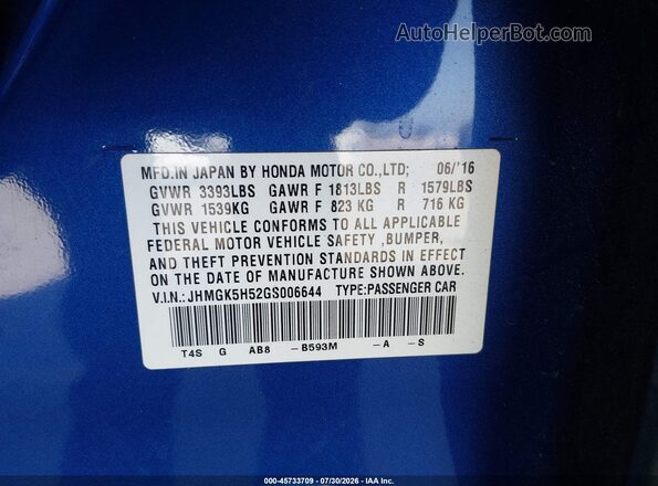 JHMGK5H52GS006644 2016 HONDA FIT Blue Widok komory silnika