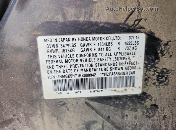 JHMGK5H71GS009942 2016 HONDA FIT Gray Vista del compartimento del motor