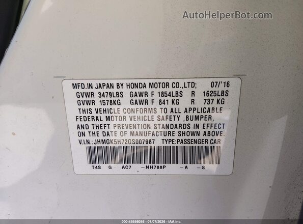 JHMGK5H72GS007987 2016 HONDA FIT Белый Вид подкапотного пространства