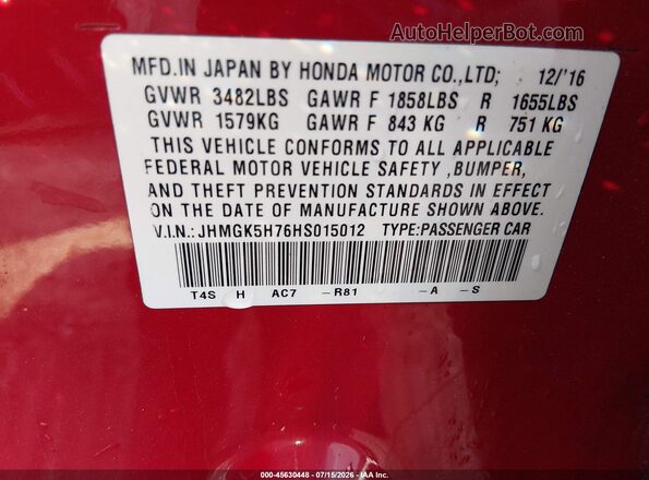 JHMGK5H76HS015012 2017 HONDA FIT Red ძრავის განყოფილების ხედი