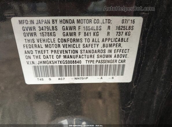 JHMGK5H7XGS008840 2016 HONDA FIT Black ძრავის განყოფილების ხედი