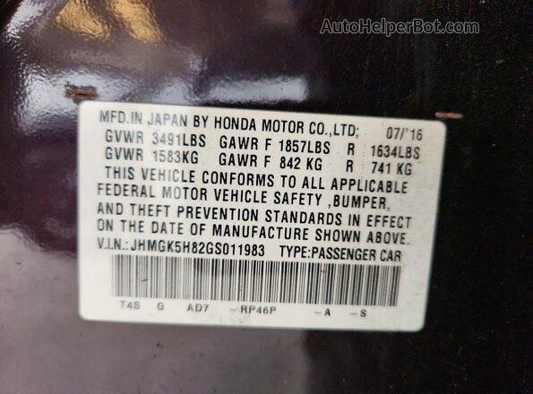 JHMGK5H82GS011983 2016 HONDA FIT Purple ძრავის განყოფილების ხედი