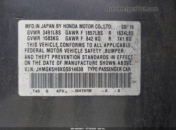 JHMGK5H9XGS014638 2016 HONDA FIT Gray Շարժիչի բաժամունքի տեսք