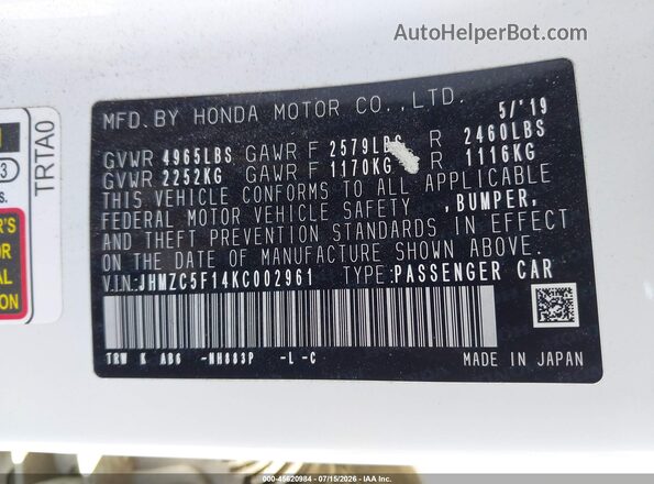 JHMZC5F14KC002961 2019 HONDA CLARITY White Vista del compartimento del motor