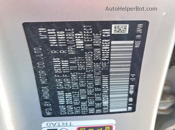 JHMZC5F14LC000841 2020 HONDA CLARITY Silver VIN კოდის სტიკერის ხედი