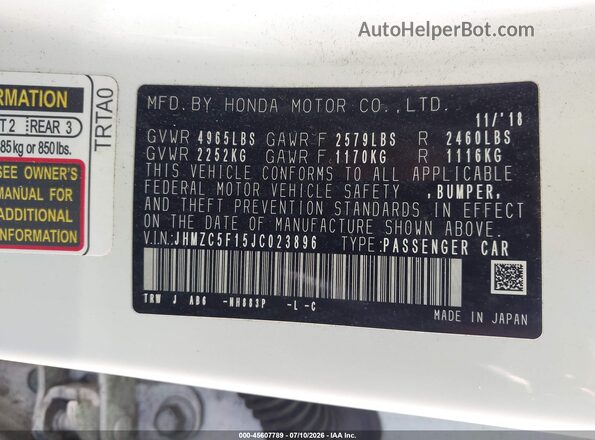 JHMZC5F15JC023896 2018 HONDA CLARITY White ძრავის განყოფილების ხედი