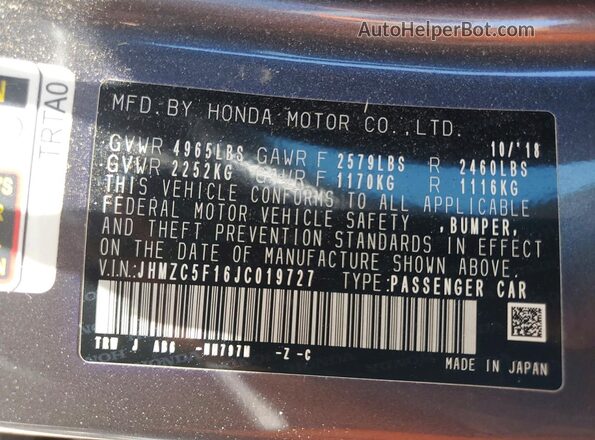 JHMZC5F16JC019727 2018 HONDA CLARITY Gray Widok naklejki z numerem VIN