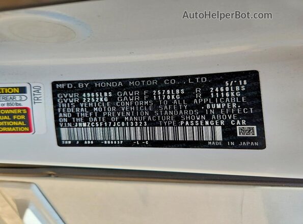 JHMZC5F17JC013323 2018 HONDA CLARITY Белый Вид подкапотного пространства