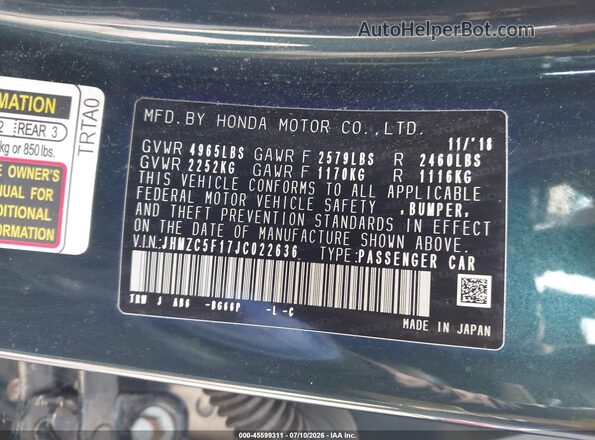 JHMZC5F17JC022636 2018 HONDA CLARITY Зеленый Вид подкапотного пространства