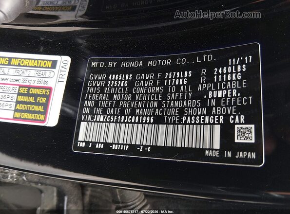 JHMZC5F19JC001996 2018 HONDA CLARITY Black Widok komory silnika
