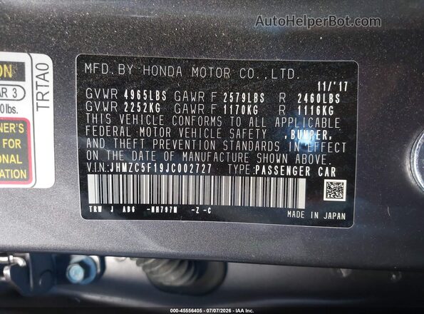 JHMZC5F19JC002727 2018 HONDA CLARITY Gray Widok komory silnika