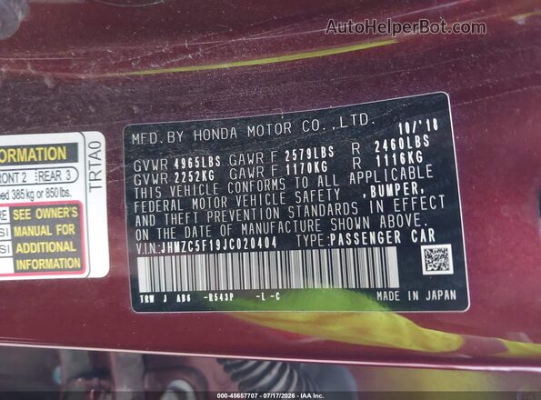 JHMZC5F19JC020404 2018 HONDA CLARITY Burgundy Vista del compartimento del motor