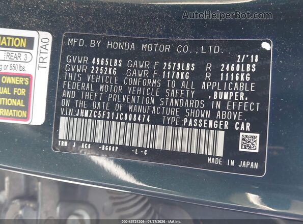 JHMZC5F31JC008474 2018 HONDA CLARITY Black Вид підкапотного простору