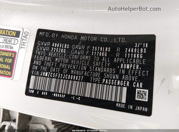 JHMZC5F32JC009827 2018 HONDA CLARITY White Вид підкапотного простору