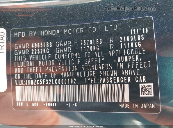 JHMZC5F32LC000192 2020 HONDA CLARITY Blue Widok komory silnika