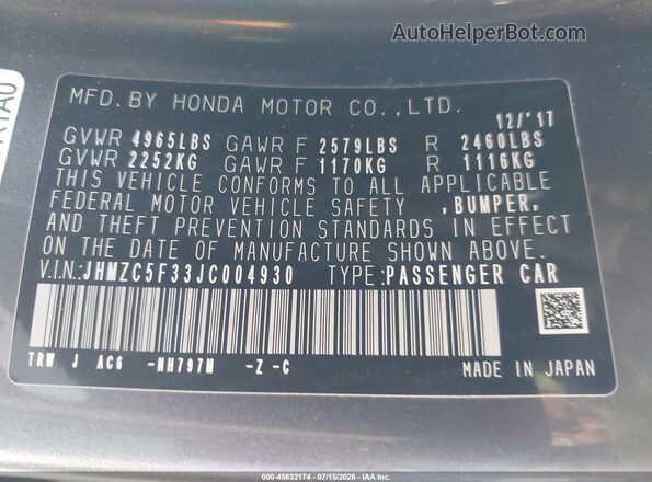 JHMZC5F33JC004930 2018 HONDA CLARITY Gray Widok komory silnika