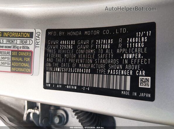 JHMZC5F35JC004380 2018 HONDA CLARITY Gray ძრავის განყოფილების ხედი