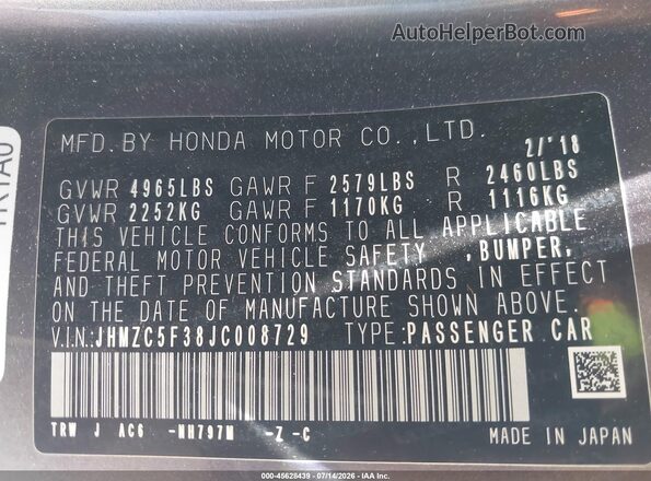 JHMZC5F38JC008729 2018 HONDA CLARITY Gray Շարժիչի բաժամունքի տեսք