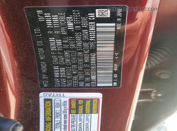 JHMZC5F39LC000643 2020 HONDA CLARITY Burgundy Вид наклейки з VIN-кодом