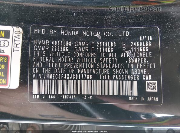 JHMZC5F3XJC017786 2018 HONDA CLARITY Black Շարժիչի բաժամունքի տեսք