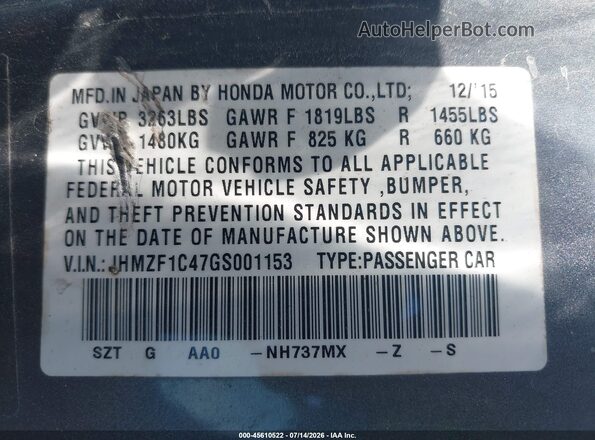 JHMZF1C47GS001153 2016 HONDA CR-Z Gray Widok komory silnika