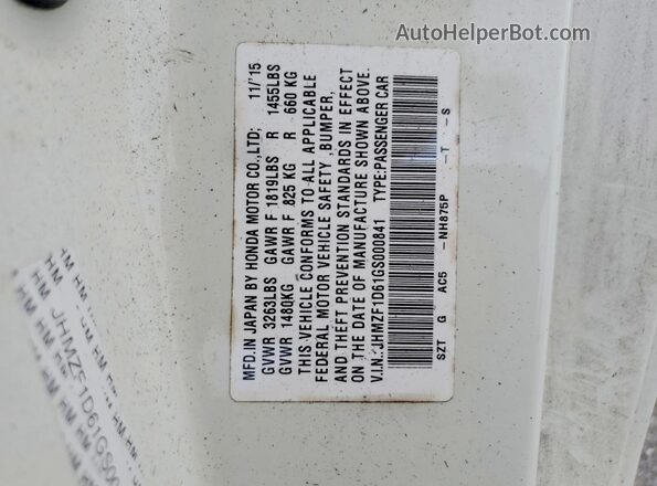 JHMZF1D61GS000841 2016 HONDA CR-Z White Widok komory silnika