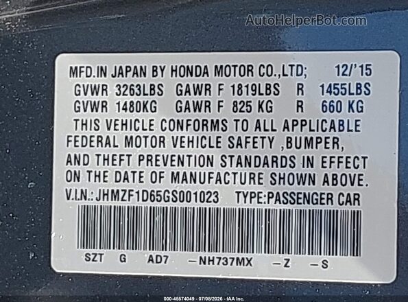 JHMZF1D65GS001023 2016 HONDA CR-Z Gray Շարժիչի բաժամունքի տեսք
