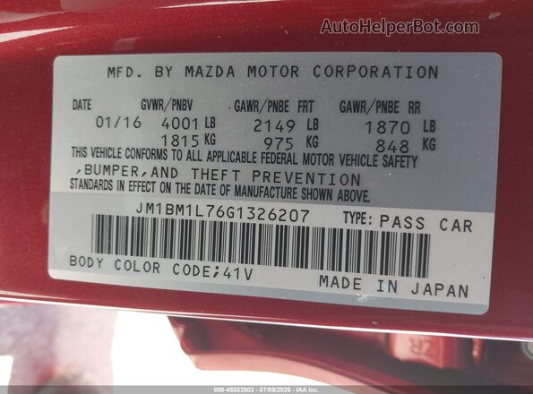 JM1BM1L76G1326207 2016 MAZDA 3 Red Շարժիչի բաժամունքի տեսք