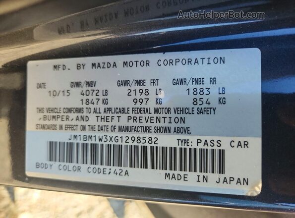 JM1BM1W3XG1298582 2016 MAZDA 3 Черный Вид наклейки с VIN-кодом