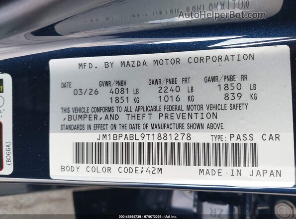 JM1BPABL9T1881278 2026 MAZDA 3 Dark Blue ძრავის განყოფილების ხედი