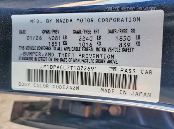 JM1BPACL7T1872691 2026 MAZDA 3 Blue Vista de la etiqueta del VIN
