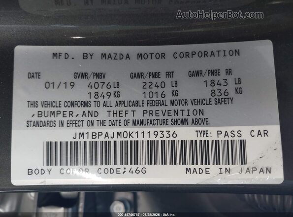 JM1BPAJM0K1119336 2019 MAZDA 3 Gray Widok komory silnika