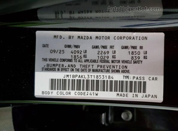 JM1BPAKL3T1853184 2026 MAZDA 3 Black VIN კოდის სტიკერის ხედი
