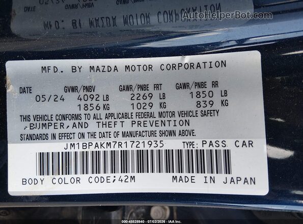 JM1BPAKM7R1721935 2024 MAZDA 3 Dark Blue Engine compartment view
