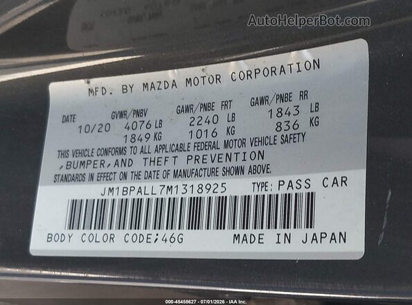 JM1BPALL7M1318925 2021 MAZDA 3 Gray VIN կոդի պիտակի տեսք