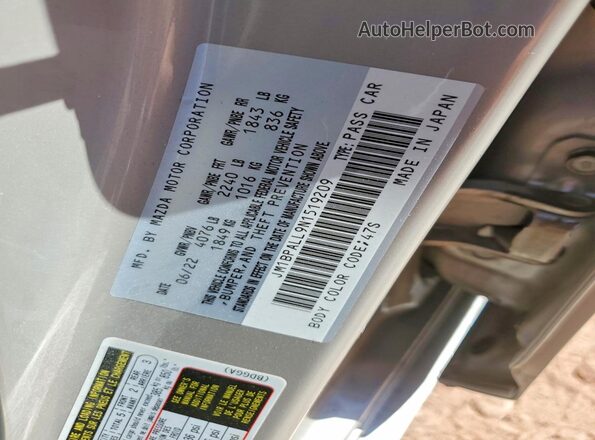 JM1BPALL9N1519209 2022 MAZDA 3 Silver VIN კოდის სტიკერის ხედი