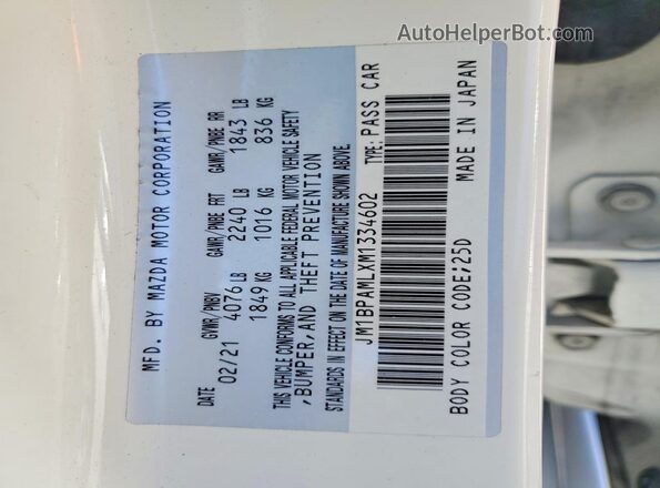 JM1BPAMLXM1334602 2021 MAZDA 3 Белый Вид наклейки с VIN-кодом
