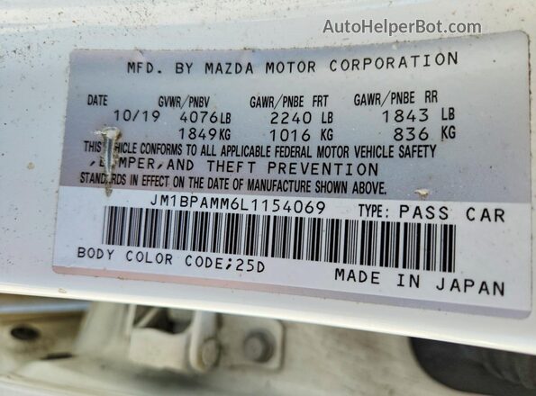 JM1BPAMM6L1154069 2020 MAZDA 3 White Вид підкапотного простору