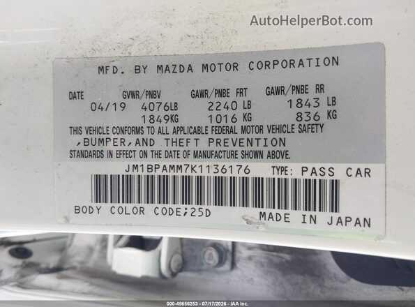 JM1BPAMM7K1136176 2019 MAZDA 3 White ძრავის განყოფილების ხედი