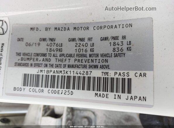 JM1BPANM3K1144287 2019 MAZDA 3 Белый Вид подкапотного пространства