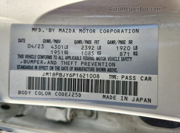 JM1BPBJY6P1621008 2023 MAZDA 3 White VIN კოდის სტიკერის ხედი