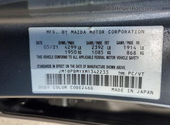 JM1BPBMYXM1342233 2021 MAZDA 3 Gray VIN կոդի պիտակի տեսք