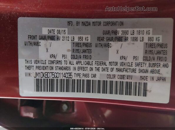 JM1DKBD75G0114035 2016 MAZDA CX-3 Maroon ძრავის განყოფილების ხედი