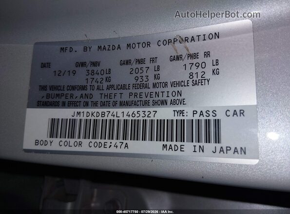 JM1DKDB74L1465327 2020 MAZDA CX-3 Gray Widok komory silnika