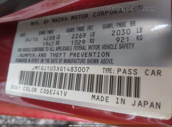 JM1GJ1U5XG1483007 2016 MAZDA 6 Black Engine compartment view